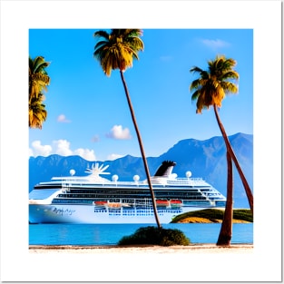 A Cruise Ship Sailing Past A Tropical Island With Mountains In The Background Posters and Art